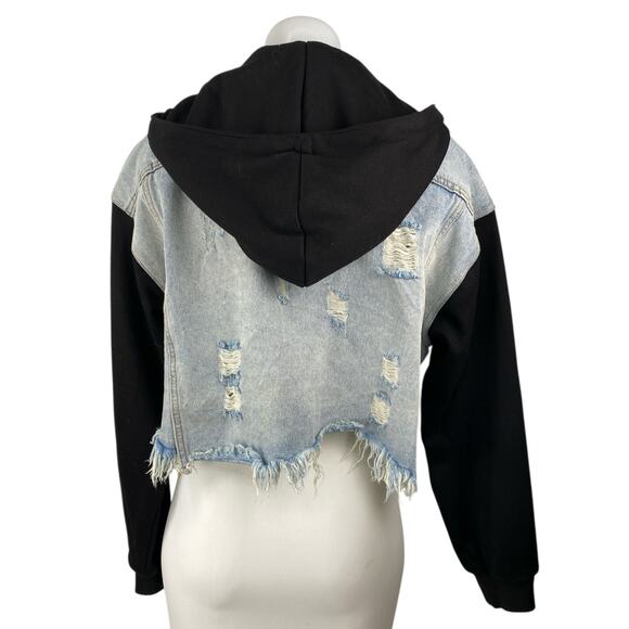 Dance & Marvel Blue Black Hoodie Hooded Distressed Crop Denim Jean Jacket Size S - Picture 2 of 4